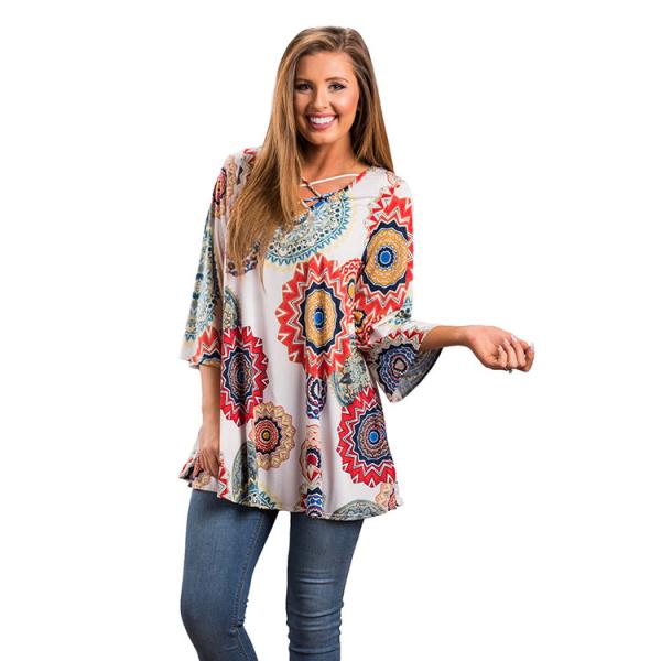 Women Fasion Floral Printed  3/4 Sleeve Shirt Loose Casual Tops