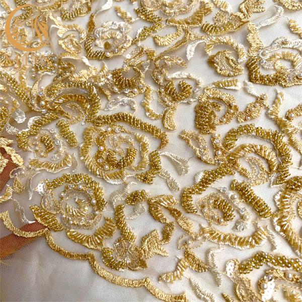 Золото Тюль вышило вышитой бисером тяжелой Handmade ткани шнурка для платьев