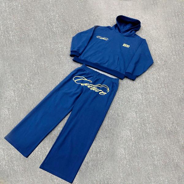 Ensembles de survêtement de jogging personnalisés en tissu de coton avec sweat à capuche à logo brodé et pantalon de survêtement à jambes larges
