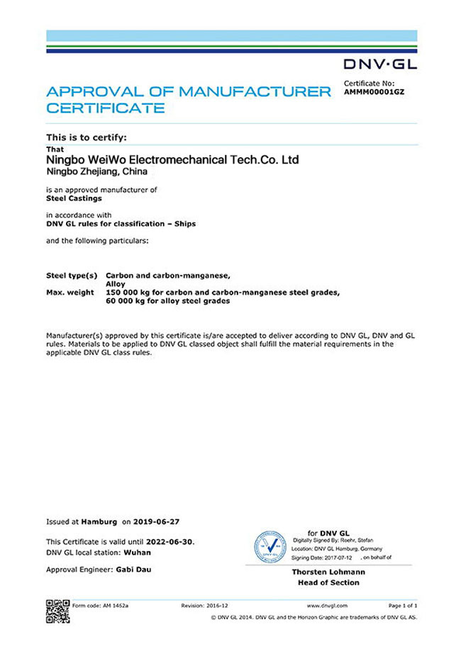 Ningbo WeiWo Electromechanical Tech Co.,Ltd. Сертификации