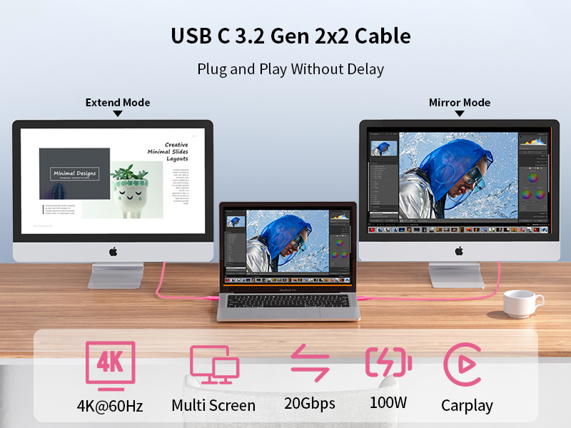 Pink Braided USB C Cable Straight Angle 4K Video Cable Durable For Commercial Workspaces