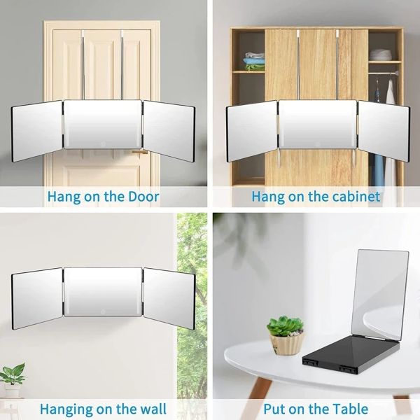 360 Degree Mirror with LED 3-Way Mirror Hair Self Cutting 3 Sides Folding Makeup Mirror with light(WH-MR-86)