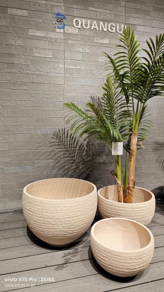 Round Fiber Clay Planter Natural Rustic Style Light Beige Striped Layered Effect