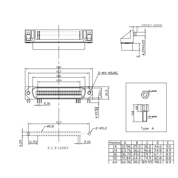 штепсельная вилка Pin прямоугольного Centronics соединителя 50 PCB чемпиона тангажа 2.16mm мужская с замком доски
