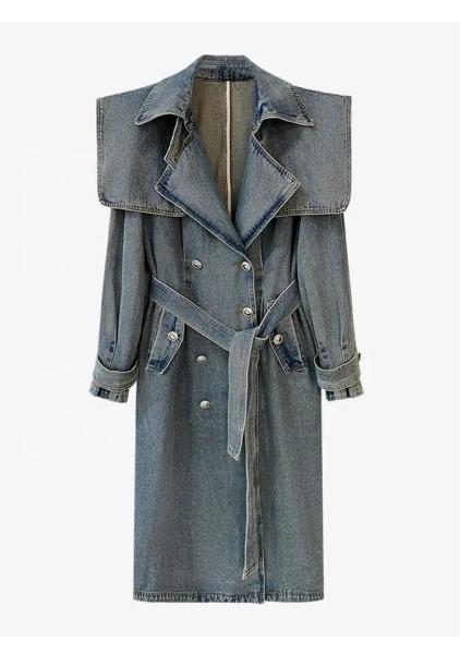                  High End Fashion Winter Loose Blue Denim Jacket Windbreaker Trench Ladies Long Coat for Women             