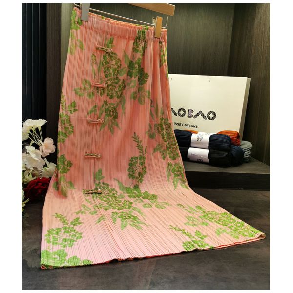Original Design Pleated Chinese Style Disc Half Skirt 2024 Printed Pleated Skirt Wrap Slit Summer Skirt
