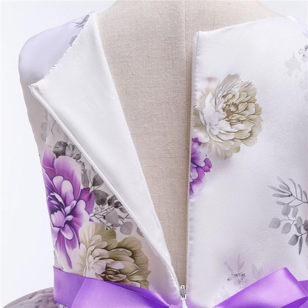 Hot Sale Toon Purple Girl Dress Bow Belt Printed Mesh Gown Princess Dress Tutu Dresses Invisible Zipper Disfraces Vestid