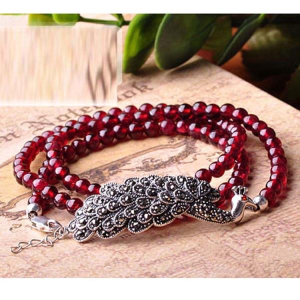 4mm Round Genuine Garnet Beads 925 Silver Marcasite Charm Bracelet 20 inches (B120701)