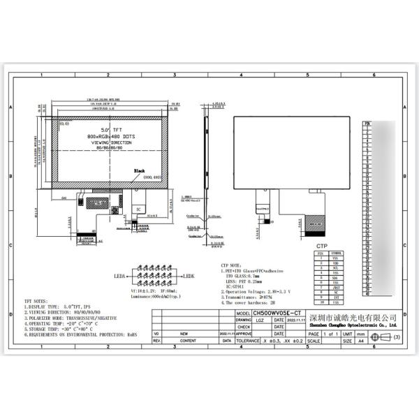дисплей 800*480dots IPS TFT LCD экран касания 5,0 дюймов емкостный
