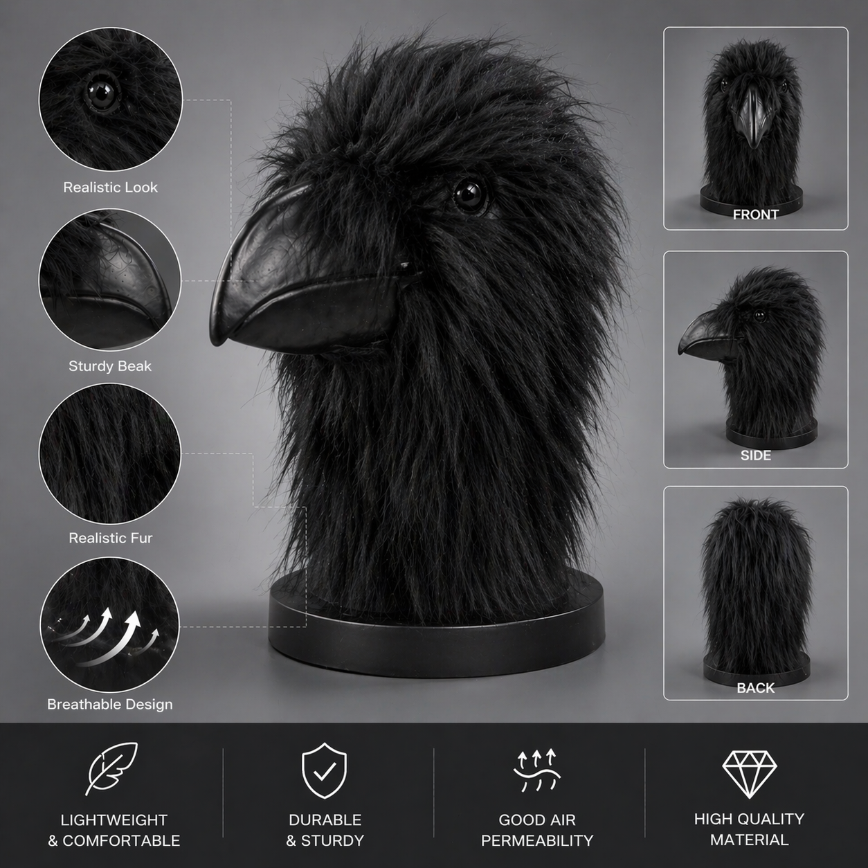 Realistic Black Raven Mask with Faux Fur - Gothic Crow Head Mask for Cosplay &