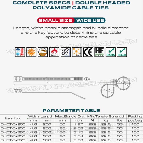 Double-Head Plastic (Nylon 6.6 / PA 6.6) Cable Tie 300x4.8mm, Double-Loop Type, 50 Lbs, UL94 V-2, Versatile Use