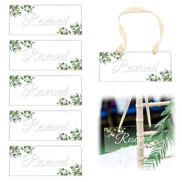 6 Pack Reserved Hanging Acrylic Sign With Greenery For Wedding Chairs / Church Pews