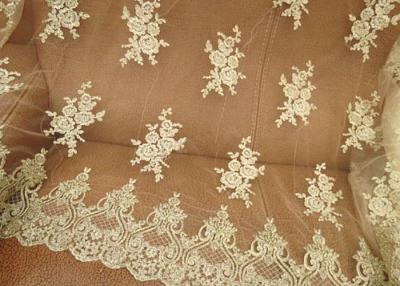 Vintage Corded Floral Gold Bridal Lace Fabric , Embroidered Net Lace Fabric For Gown