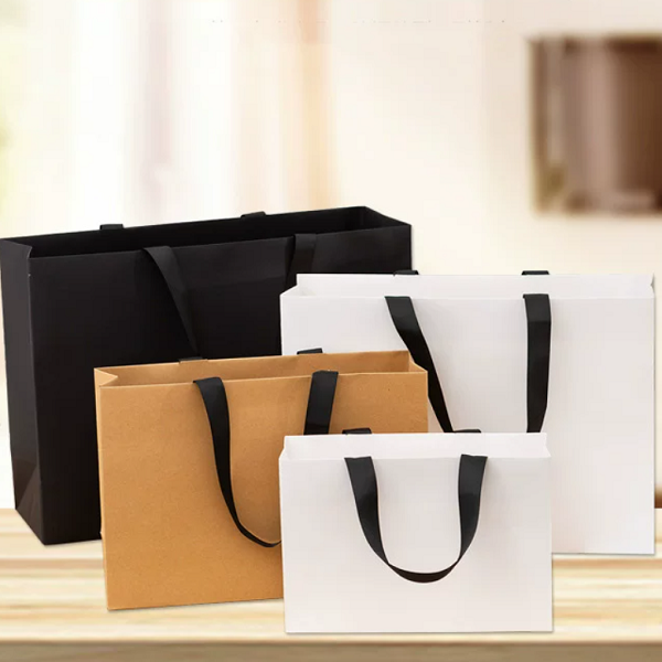 Paper Shopping Bags with Wide Ribbon Handles for Boutique Retail Packaging