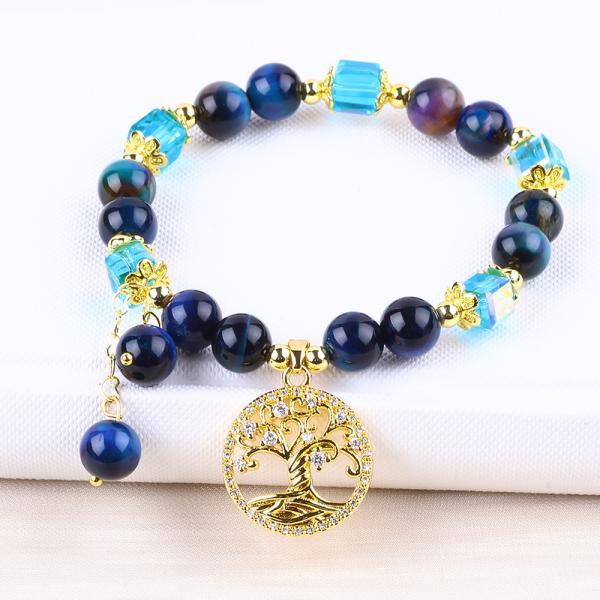 Healing Natural Crystal 8mm Rainbow Tiger Eye Tree Of Life Bead Bracelet For Daily Wear