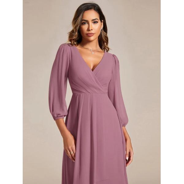 Ruffled A-line Long Sleeve V-neck High-low Wedding Guest Purple Orchid Chiffon Bridesmaid Dress