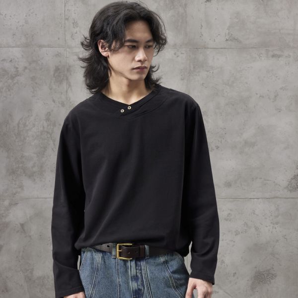 330g Heavy-Duty 100% Cotton Breathable Vintage Knitted Blank Regular Fit Men's Autumn Solid Color Long Sleeve O-Neck T-Shirt OEM