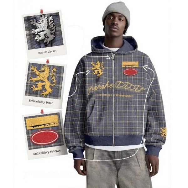 Men’s Vintage Blue Plaid Zip-Up Hoodie | Gold Lion Crest Embroidery & Patches | Oversized Streetwear Style