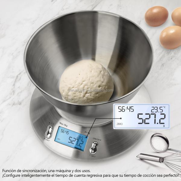 Escala de cocina digital de acero inoxidable de alta precisión 5 kg / 1g con tazón de masa de masa removible y batería de tiempo de habitación