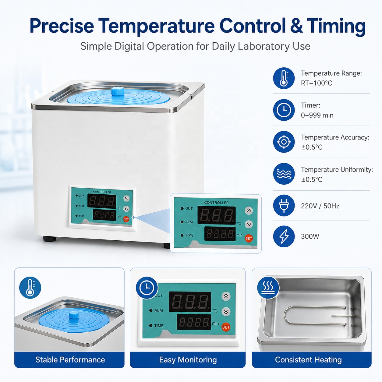 Cenlee Laboratory Sample Heating Precise Digital Control 1-Well Ambient to 100C 300W Constant Temperature Water Bath