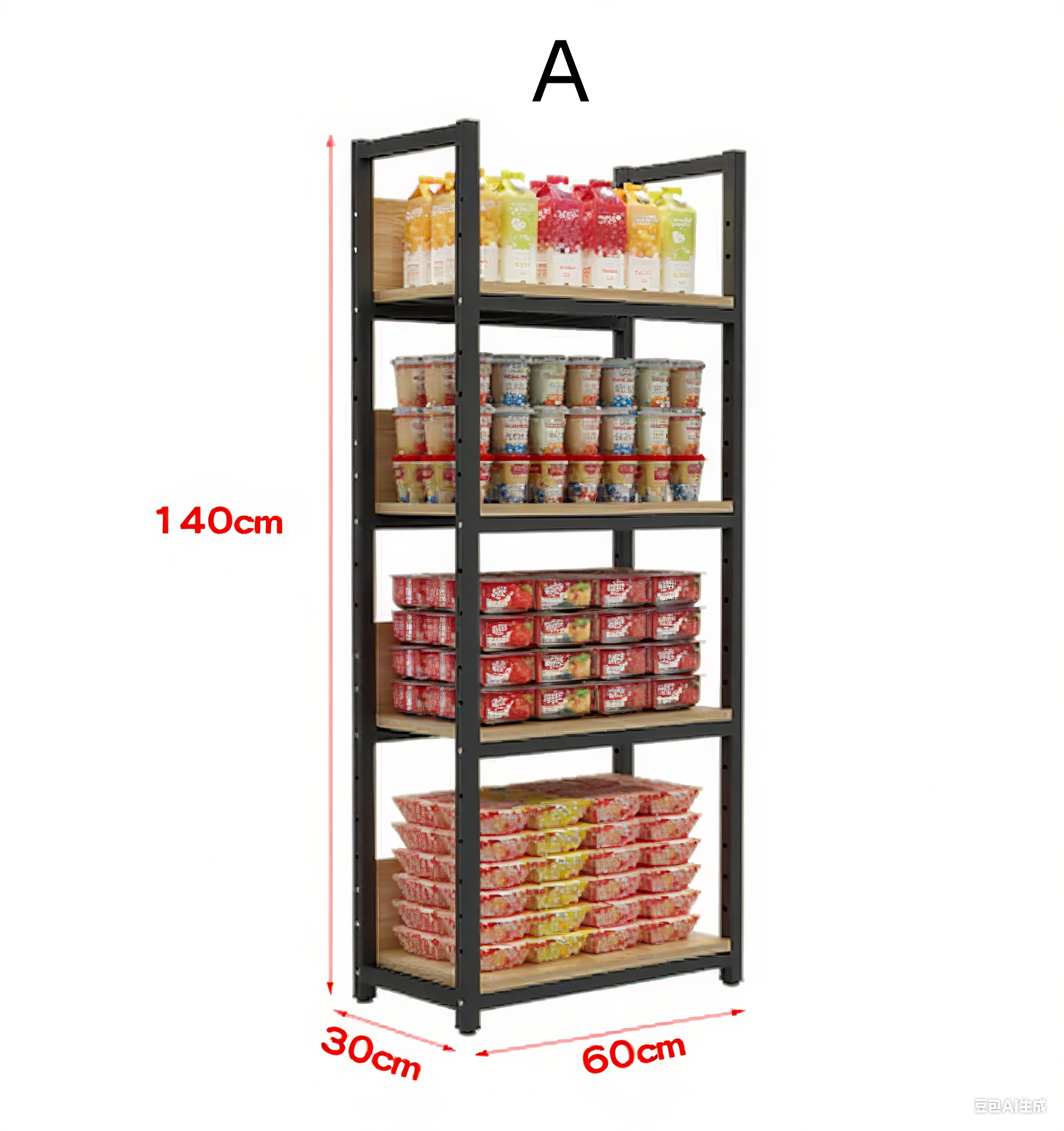 140CM Standing Type Black Aluminum Retail Display Shelves Custom Wood Storage Solutions for Shop Food Storage