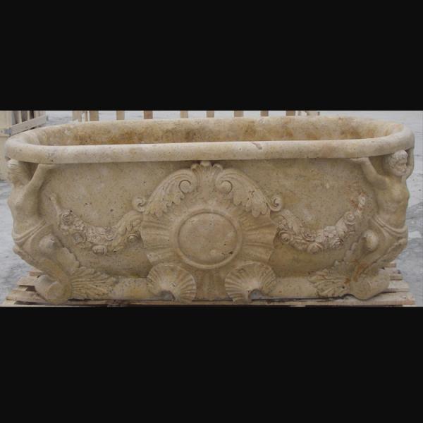 Hotel Deocration Beige travertine bathtub with figure statue carving for bathroom,china sculpture supplier
