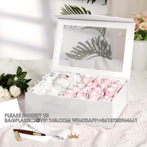 Large Clear Gift Box With Window, 13.5x9x4.1 Inches White Gift Box For Present Contains Ribbon, Card, Bridesmaid