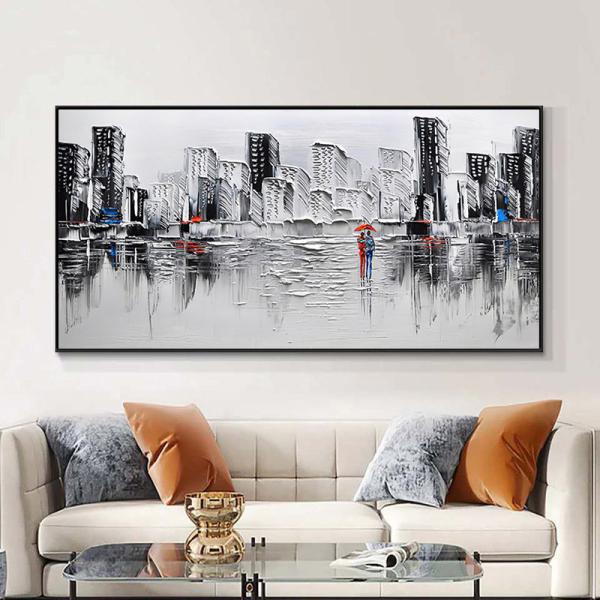 Support Base Canvas Materials Canvas Oil and Canvas Hand Painted Abstract Landscape Oil Painting of City People
