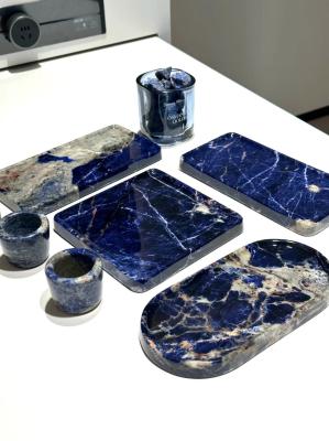 Piedra de lujo Brasil Cloisonne Plato de mármol azul natural y taza para servir la mesa bandeja, bandeja de almacenamiento, bandeja de té