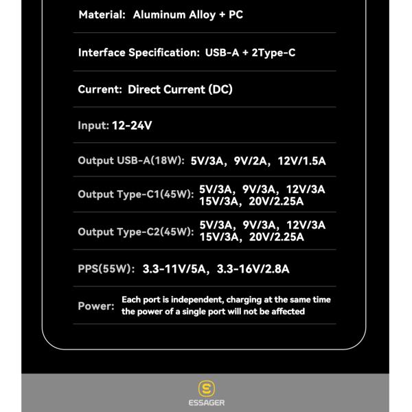 ESSAGER FSJ-008 105W 3 Ports Fast USB Type C Car Charger With Digital Display