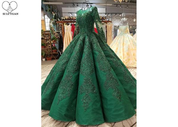 Luxury Heavy Beading Green Satin Prom Dress Perspective Long Sleeve Floor Length