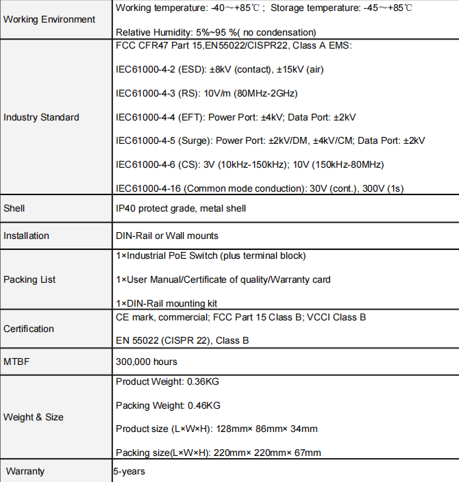 Industrial Grade PoE Switch 5 port 10/100Mbps PoE（DF-1E-4EPI）