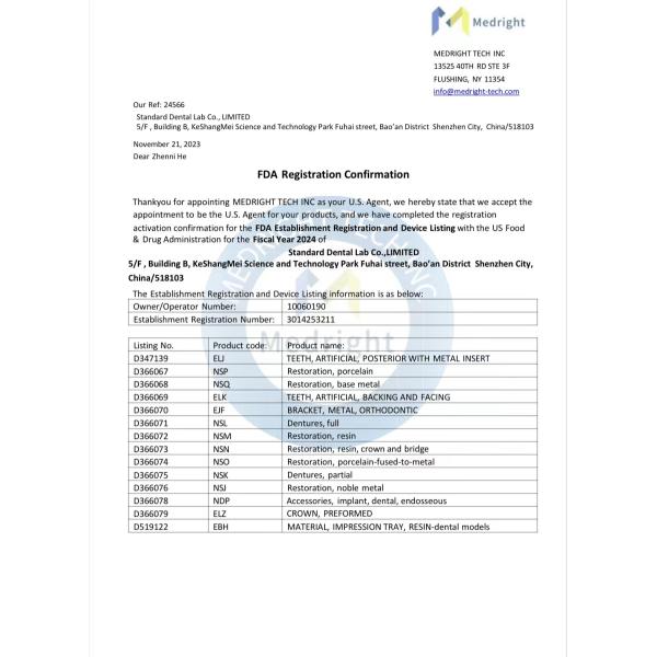 Standard Dental Lab Co., Limited Сертификации
