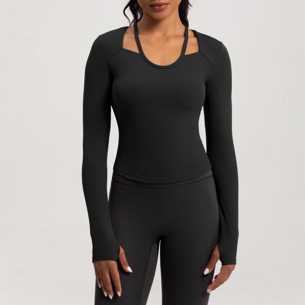 Brown Cutout Long Sleeve Yoga Top Buttery Soft Compression Fabric Thumbholes Design for Workout Running and Daily Wear