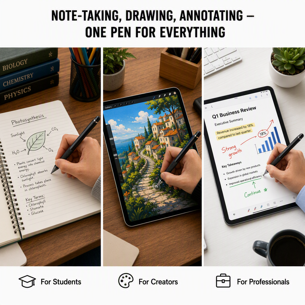 Dual Head Stylus Pencil 143mm 9mm Matte Black Capacitive Pen with Detachable Cap, Everlasting Graphite Tip for Notes and Drawing