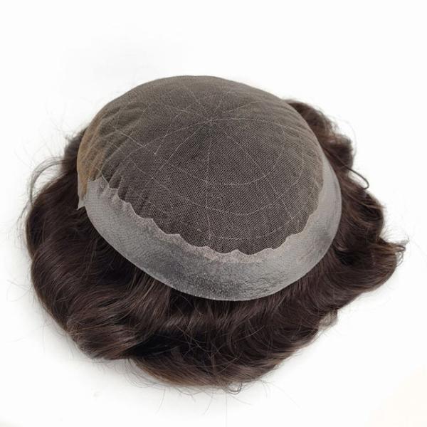 Q6 PU Skin Swiss Lace Full Lace Toupee Mens Perucas de aparência real com encaixe da frente branqueado