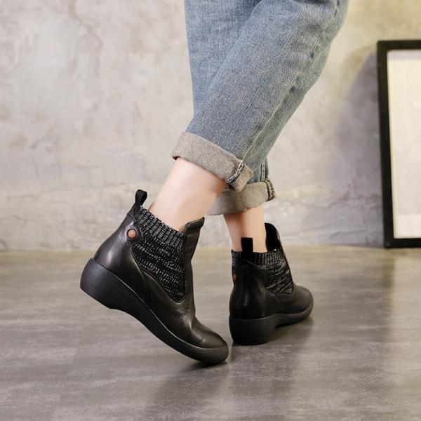 S083 New small leather shoes women retro casual handmade leather + knitted stitching wedge heel women's shoes