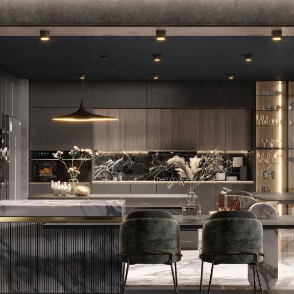 Modern Custom Kitchen Cabinet With Quartz Island Worktop For High-End Villa Living Room Home Furniture