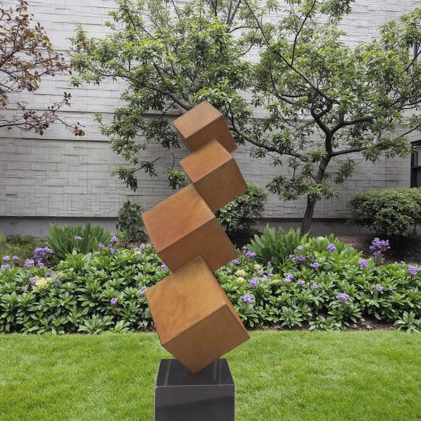 Modern Outdoor Garden Decorative Rusted Corten Steel Tiered Cube Sculpture