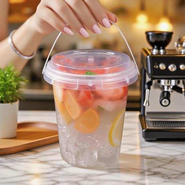 透明プラスチックカップ 24オンス アイスクリームバケツ 蓋とストロー付き ドリンクカップ カクテルペール バルク ハンドル付き