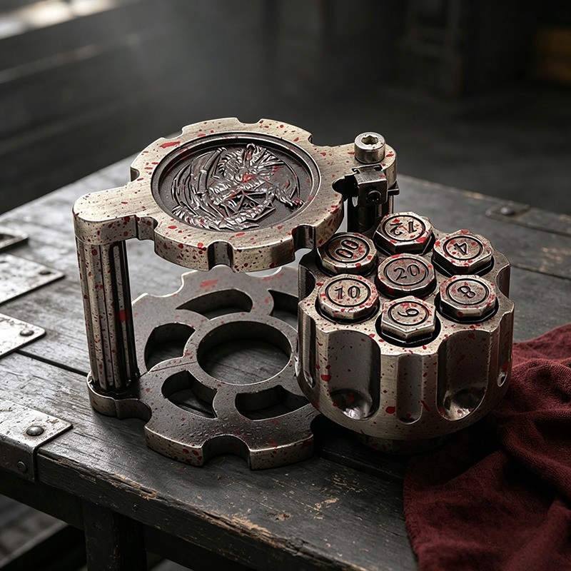 Luxury Revolver Metal Dice Spinner with Dragon Relief Craftsmanship Heavyweight Zinc Alloy Construction and Sliding Hidden Compartment