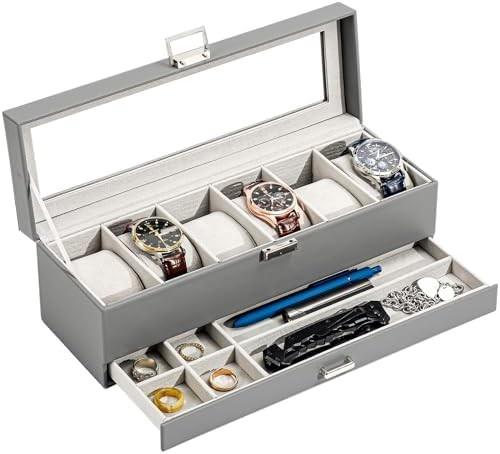 ProCase Watch Box Organizer for Men, 6 Slot Watch Display Case with Drawer, Father's Day Gift Mens Watch Holder Watch