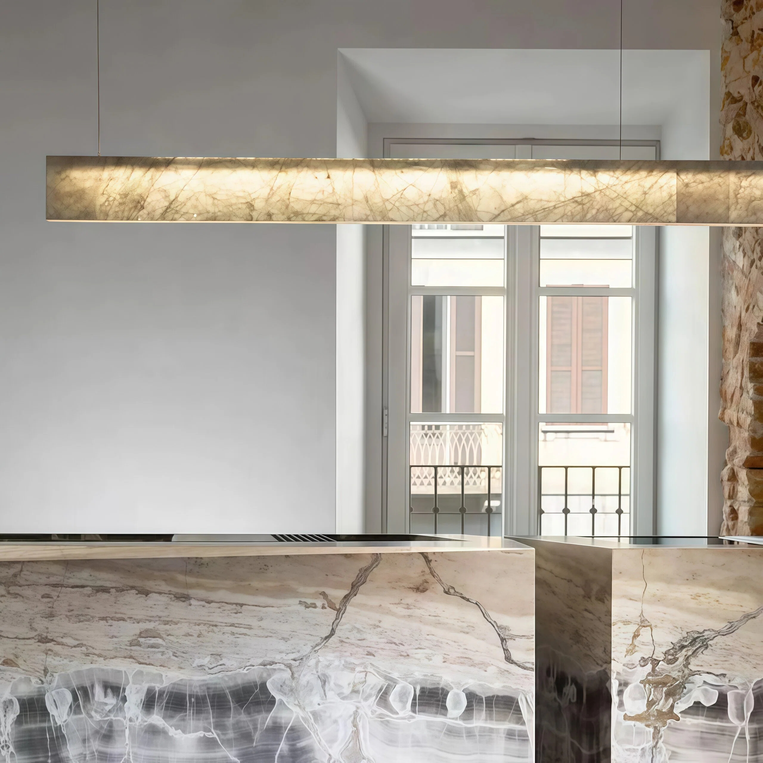 JYLIGHTING Modern Long Linear Marble Suspension Lamp, Metal‑Supported Pendant Light for Kitchen Counter, Restaurant and Luxury Residential Projects