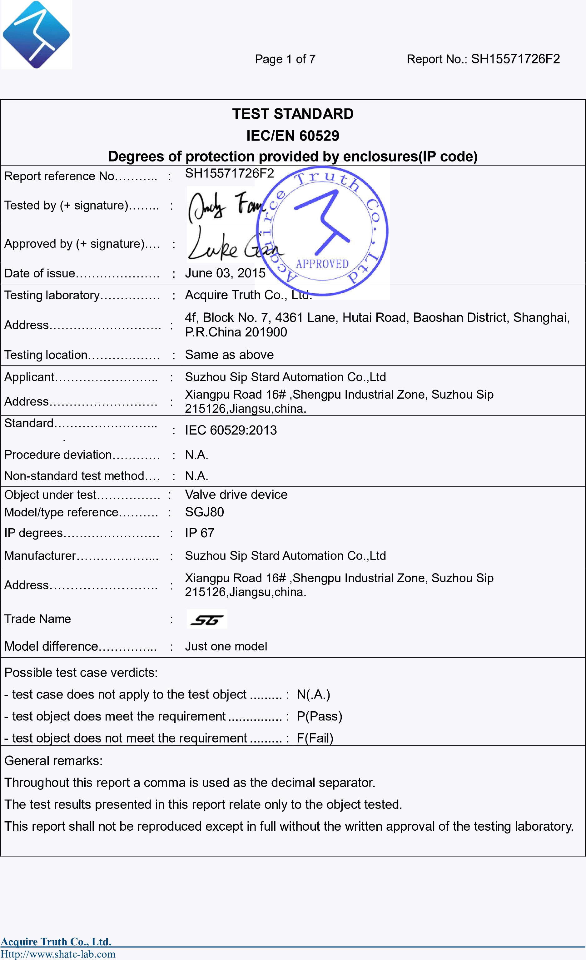 SUZHOU SIP STARD AUTOMATION CO.,LTD. Сертификации
