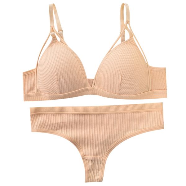 Wholesale High Quality New Fashion Bra With Thong Panty Set Cotton Quality Breathable Wire-Free Pad Adjusted Straps Bra