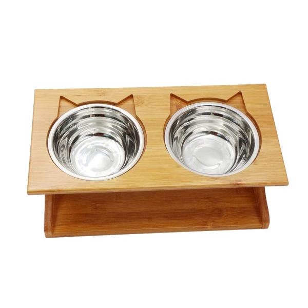 35x17.5x13cm Bambú elevado Cão gato Food Stand Feeder com 2 aço inoxidável Taças elevadas Logotipo do cliente