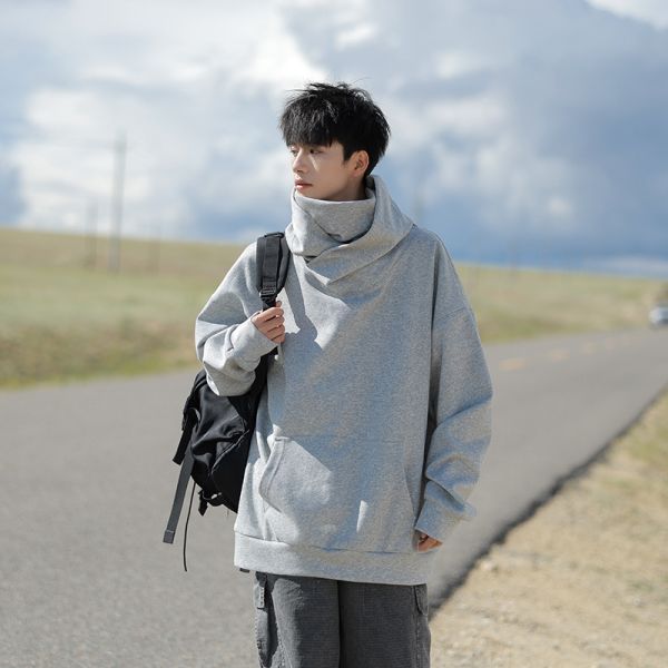 Vintage Turtleneck Windproof Face Cover Hoodie, Unique Introvert Street Casual Sweatshirt