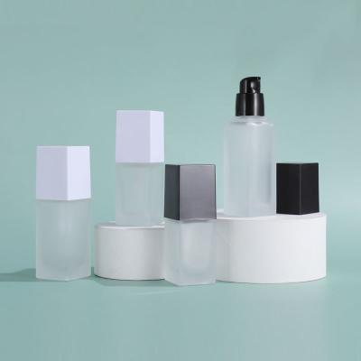 Empty Square Frosted Glass Cosmetic Containers 1.4oz Pump Bottle Personal Care