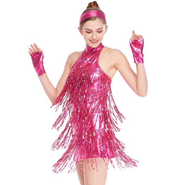 4 Colors Stunning Tap Costume Sequined-Fringes Mock Neck Dance Dress Performance Wear