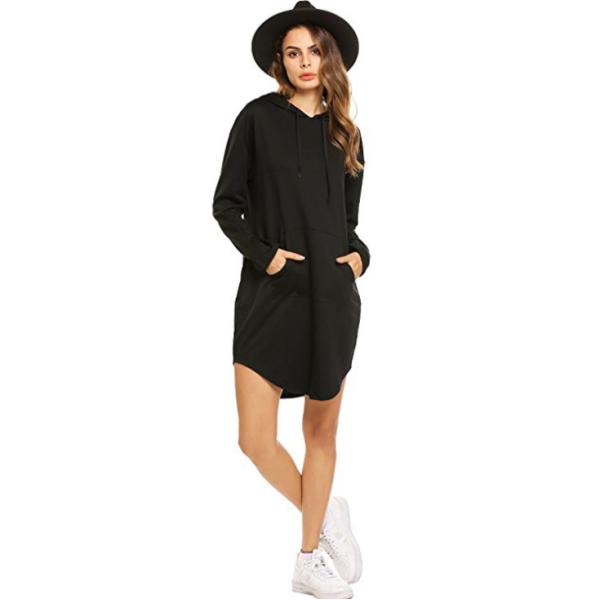 Stylish Plus Size Ladies Shirts String Kangaroo Pocket Long Fleece Dress With Hood